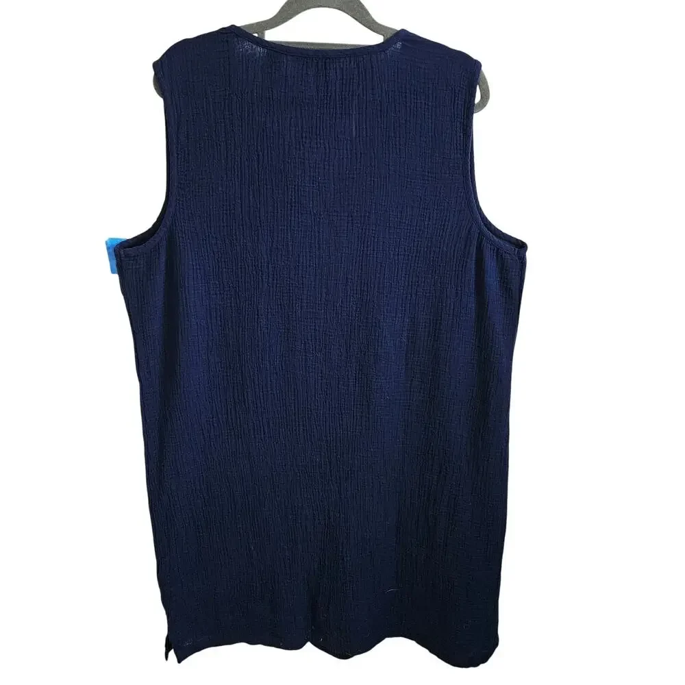 Lands End Women's Size L Swimsuit Cover Up Tunic Dress Blue 100% Cotton Crepe
